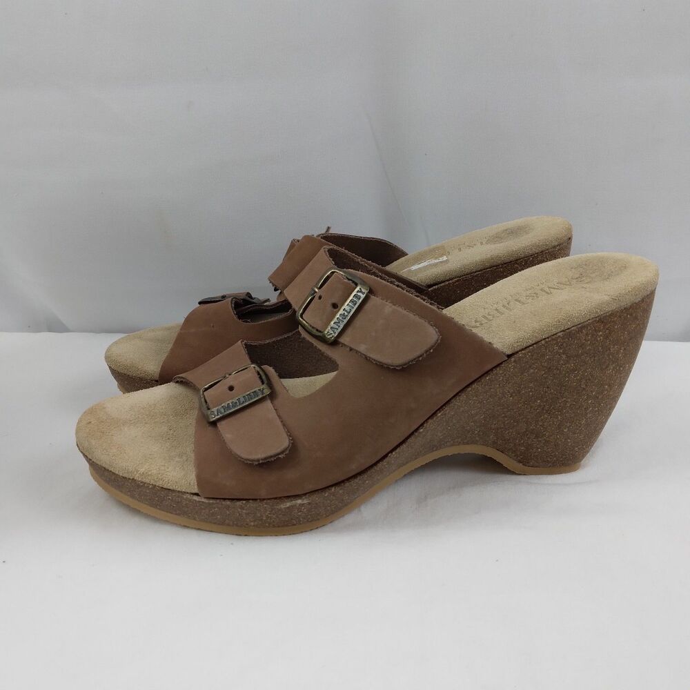Sam & Libby Brookfield Slide Wedge Sandals Brown Leather Double Buckle Boho 8 - Picture 8 of 14